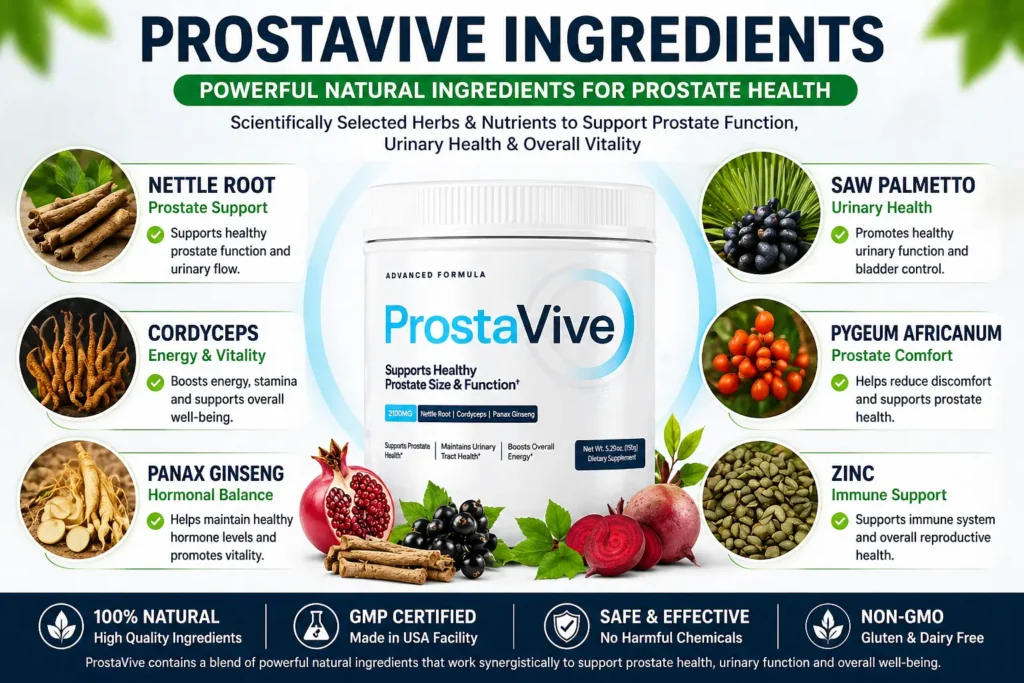 ProstaVive Review (2026): Does This Prostate Supplement Really Work or Scam? 4 ProstaVive ingredients infographic showing natural herbs for prostate health support