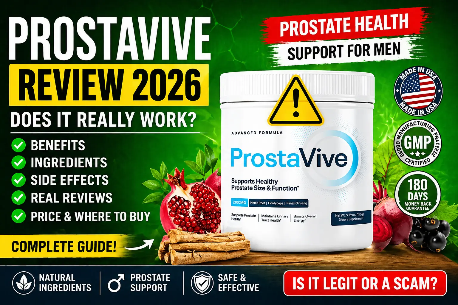 ProstaVive review 2026 supplement thumbnail showing prostate health benefits and warning sign