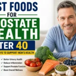 Healthy foods for prostate health after 40 including salmon, tomatoes, broccoli, pumpkin seeds, berries, and green tea with a middle-aged man.