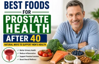 Healthy foods for prostate health after 40 including salmon, tomatoes, broccoli, pumpkin seeds, berries, and green tea with a middle-aged man.