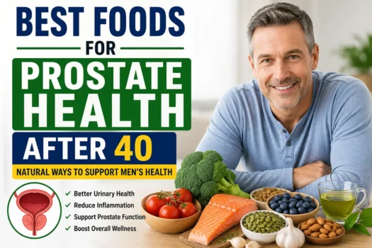 Healthy foods for prostate health after 40 including salmon, tomatoes, broccoli, pumpkin seeds, berries, and green tea with a middle-aged man.