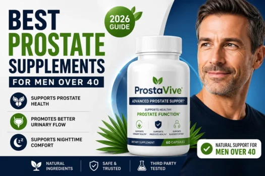 Best prostate supplements for men over 40 in 2026 featuring ProstaVive bottle and prostate health support graphic.