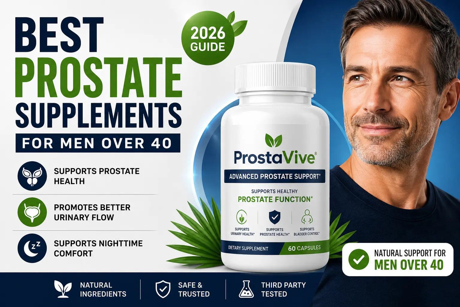 Best prostate supplements for men over 40 in 2026 featuring ProstaVive bottle and prostate health support graphic.