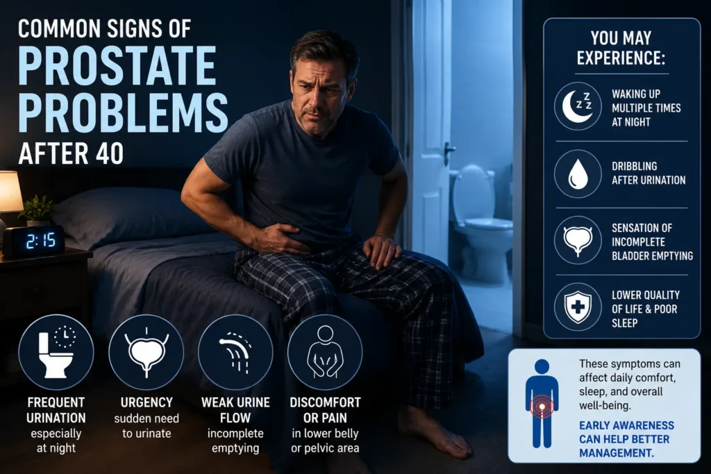 Best Prostate Supplements for Men Over 40 in 2026 4 Middle-aged man experiencing common prostate problems after 40 including nighttime urination and bladder discomfort.