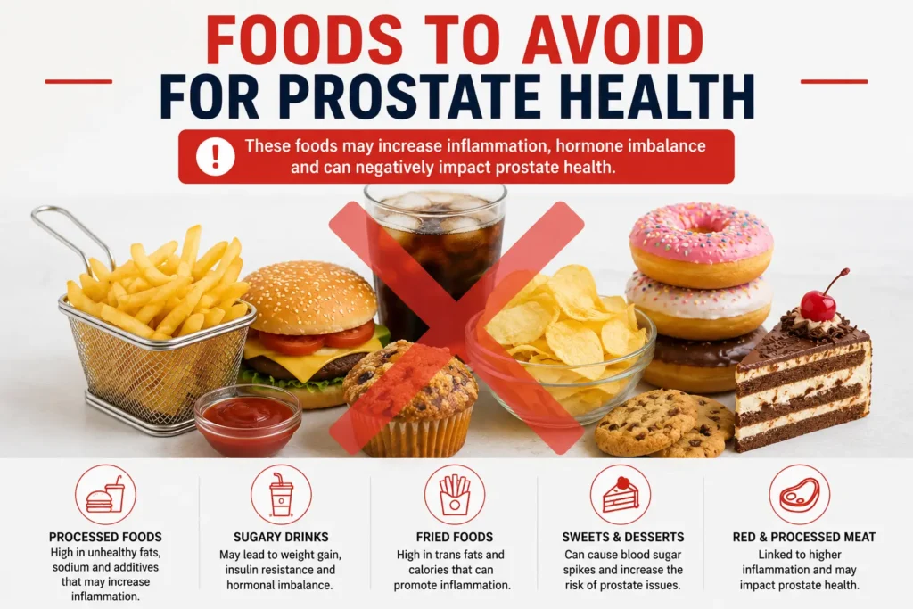 Processed foods, sugary drinks, fries, desserts, and fast food that may negatively affect prostate health in men over 40.