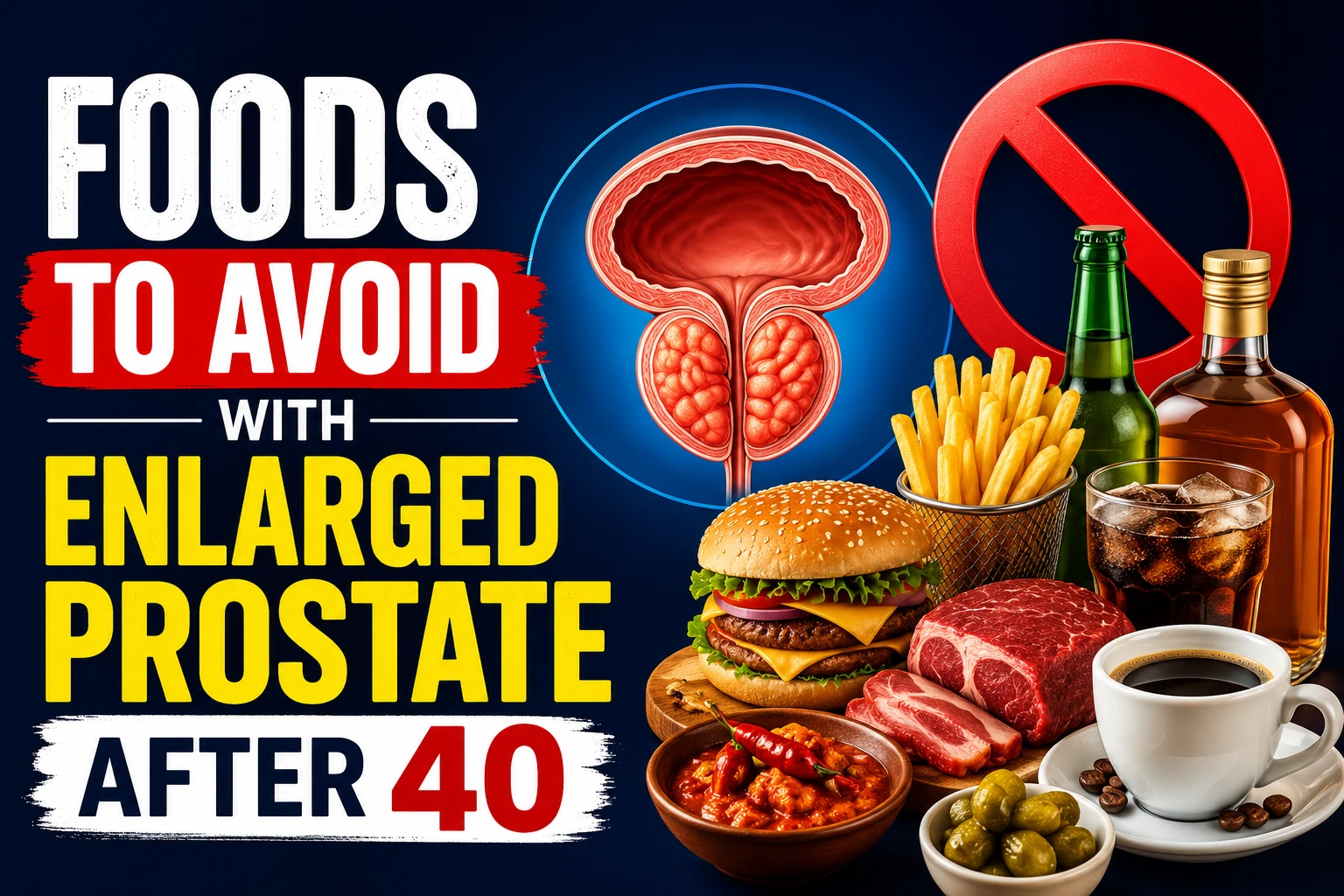 Foods to avoid with enlarged prostate after 40 including alcohol, fried foods, red meat, coffee, and spicy foods for better prostate health