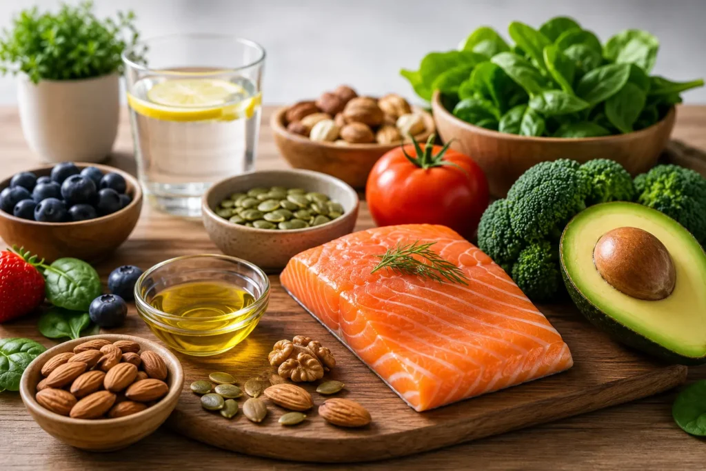 Best Prostate Supplements for Men Over 40 in 2026 2 Healthy foods for prostate health including salmon, avocado, pumpkin seeds, nuts, berries, and leafy green vegetables.