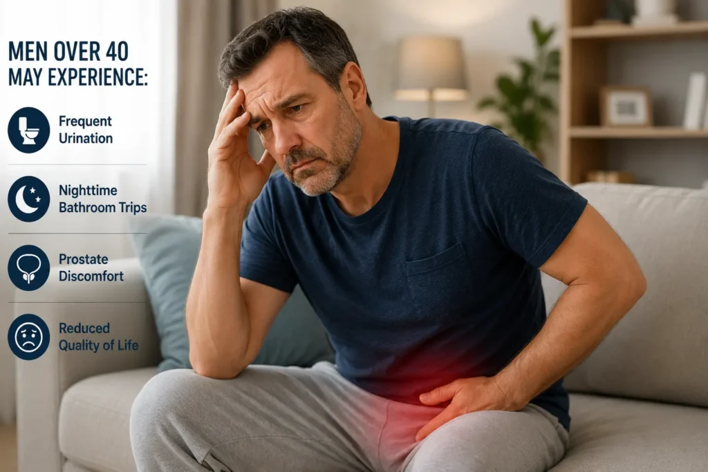 ProstaVive Side Effects for Men Over 40 (2026) 2 man over 40 experiencing prostate discomfort and frequent urination symptoms at home