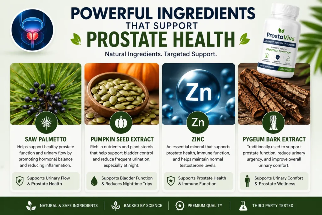 Best Prostate Supplements for Men Over 40 in 2026 5 Infographic of natural prostate health ingredients including saw palmetto, pumpkin seed extract, zinc, and pygeum bark.