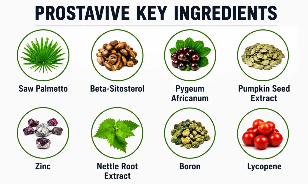 ProstaVive key ingredients infographic including saw palmetto beta sitosterol and pygeum