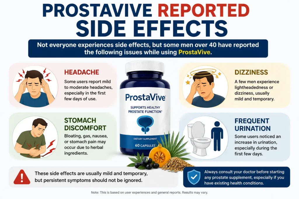 ProstaVive Side Effects for Men Over 40 (2026) 3 ProstaVive reported side effects infographic showing headache dizziness stomach discomfort and frequent urination symptoms