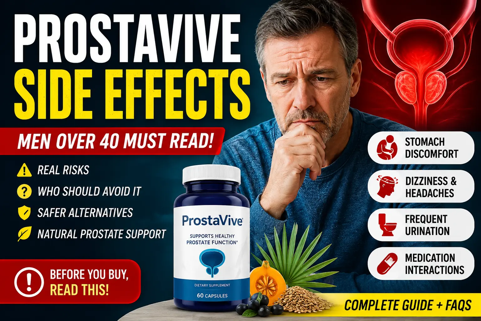 ProstaVive side effects for men over 40 including stomach discomfort dizziness frequent urination and medication risks
