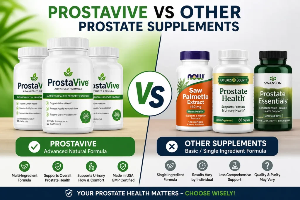 ProstaVive vs other prostate supplements comparison image showing bottles and benefits