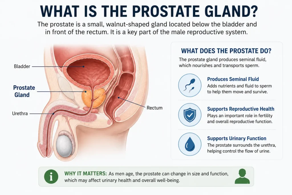Medical illustration showing the prostate gland location and function in the male reproductive system.