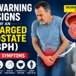 Middle-aged man holding his lower abdomen with an enlarged prostate (BPH) medical illustration highlighting early symptoms of benign prostatic hyperplasia.