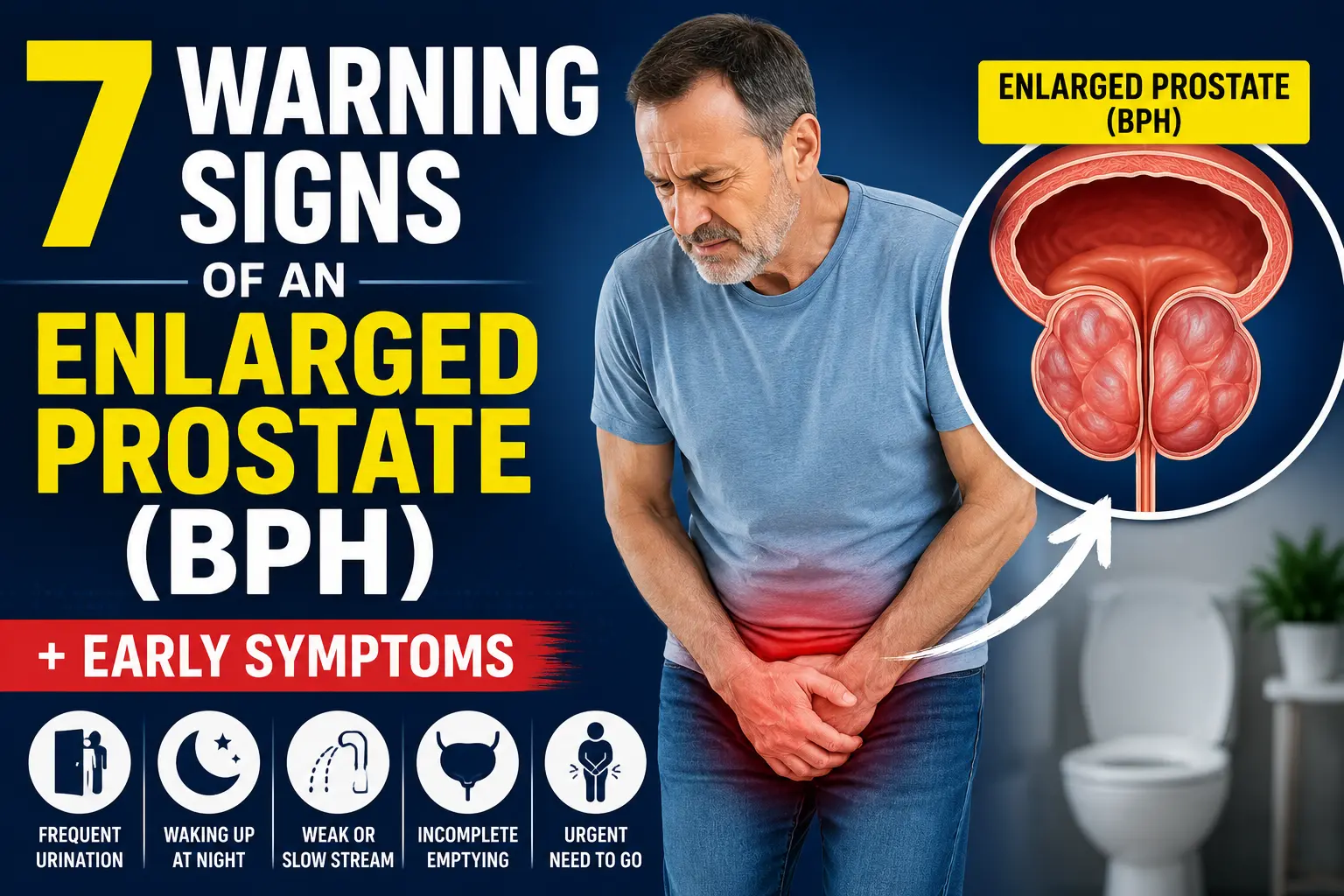 Middle-aged man holding his lower abdomen with an enlarged prostate (BPH) medical illustration highlighting early symptoms of benign prostatic hyperplasia.