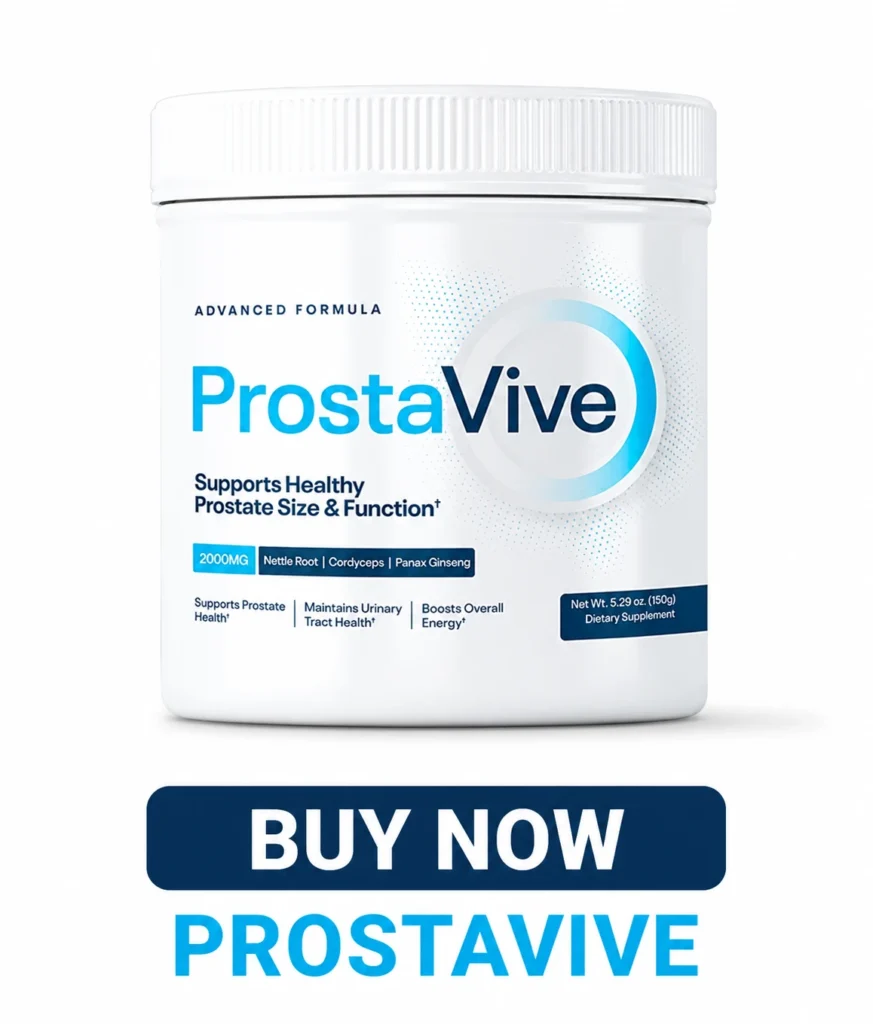 Single ProstaVive supplement jar on a white background with a Buy Now ProstaVive call-to-action banner.