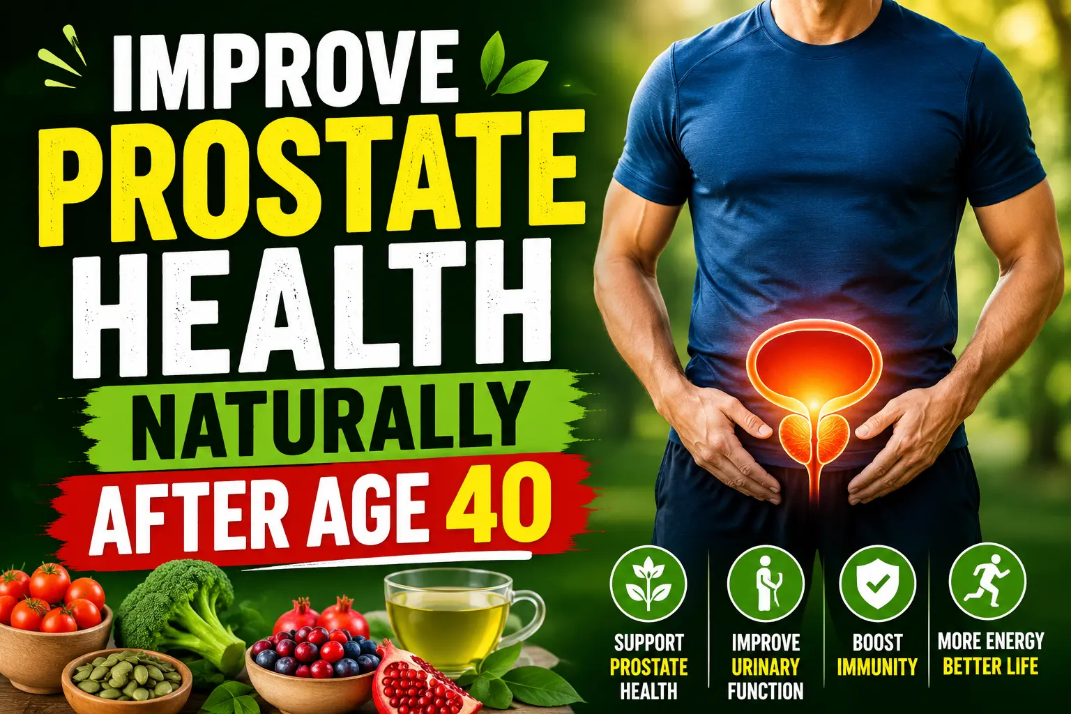 Man showing prostate health concept with natural foods and tips to improve prostate health naturally after age 40.