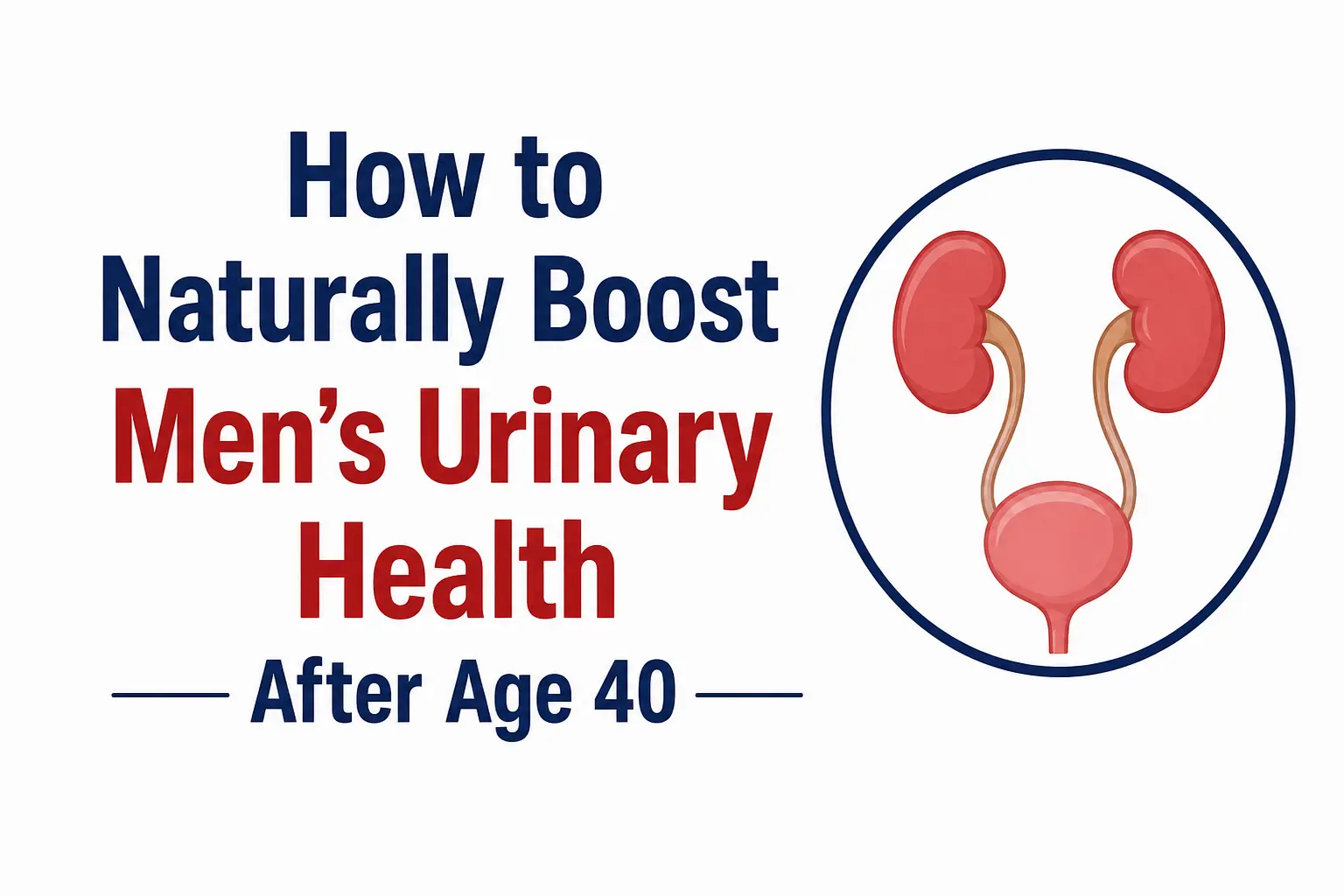 Minimalist thumbnail showing the text "How to Naturally Boost Men’s Urinary Health After Age 40" alongside a simple urinary system illustration with kidneys, ureters, and bladder on a clean white background.