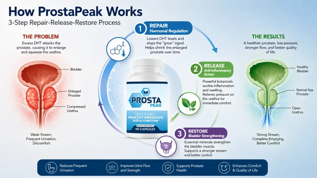 ProstaPeak Reviews 2026. Ingredients, Complaint, Scam-Check 3 ProstaPeak prostate health infographic showing how the supplement helps reduce DHT levels, relieve prostate inflammation, strengthen bladder function, and improve urinary flow.