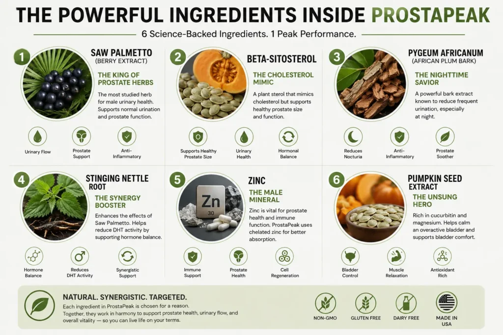 ProstaPeak Reviews 2026. Ingredients, Complaint, Scam-Check 4 Infographic showing the six key ingredients in ProstaPeak, including Saw Palmetto, Beta-Sitosterol, Pygeum Africanum, Stinging Nettle Root, Zinc, and Pumpkin Seed Extract, with their prostate health and urinary support benefits.