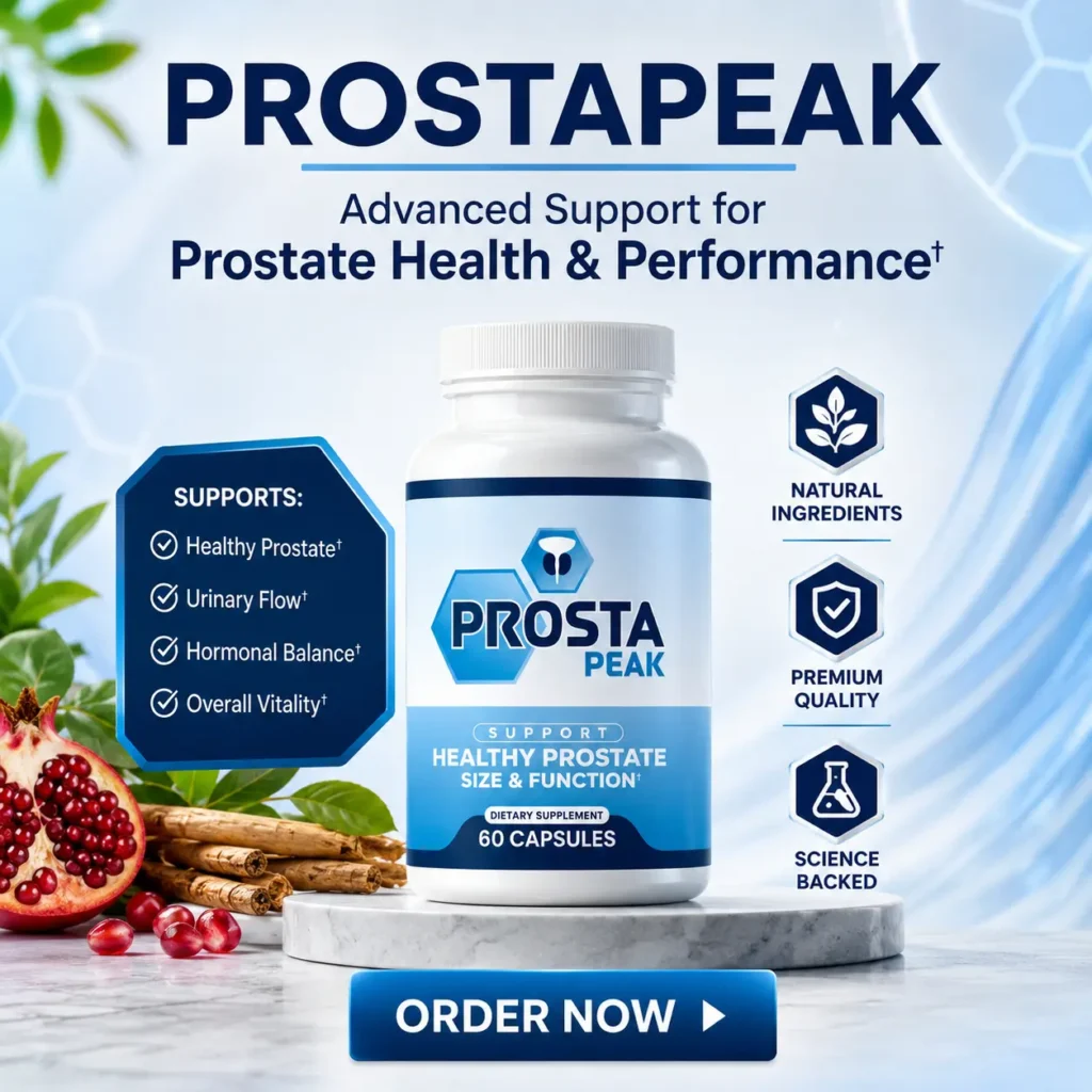ProstaPeak Reviews 2026. Ingredients, Complaint, Scam-Check 2 ProstaPeak prostate health supplement bottle displayed with natural ingredients and prostate support benefits in a premium promotional design.