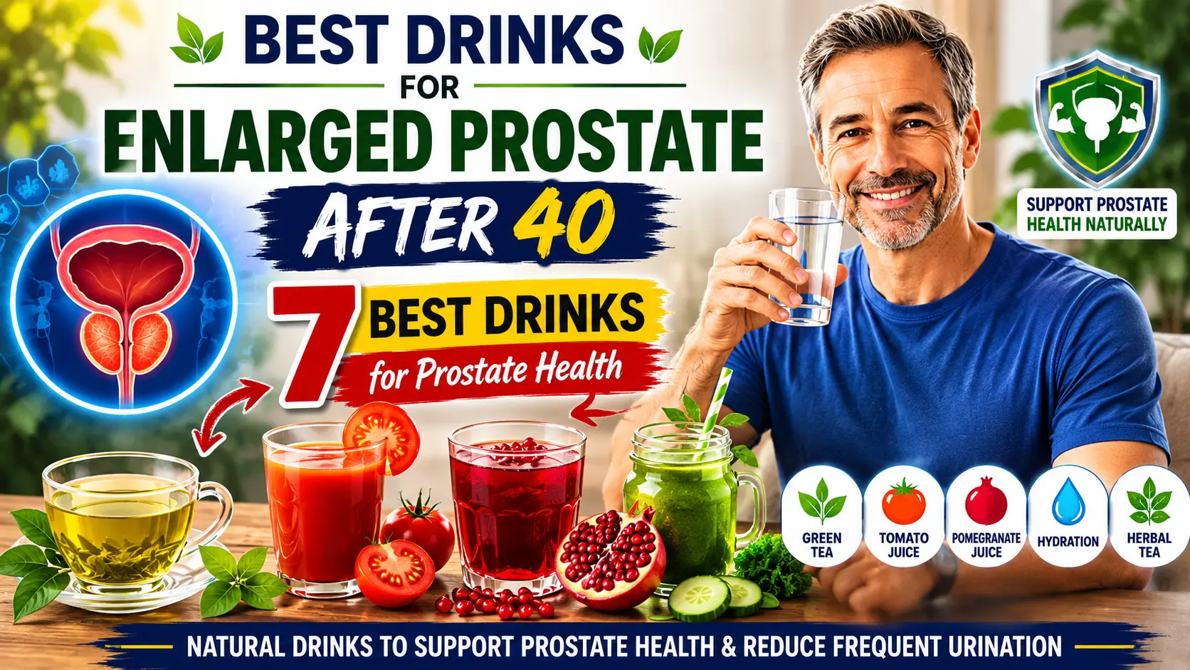 Best drinks for enlarged prostate after 40 including water, green tea, tomato juice, and pomegranate juice for prostate health support.