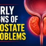 Early signs of prostate problems medical illustration showing enlarged and inflamed prostate with bladder on a dark blue background infographic style