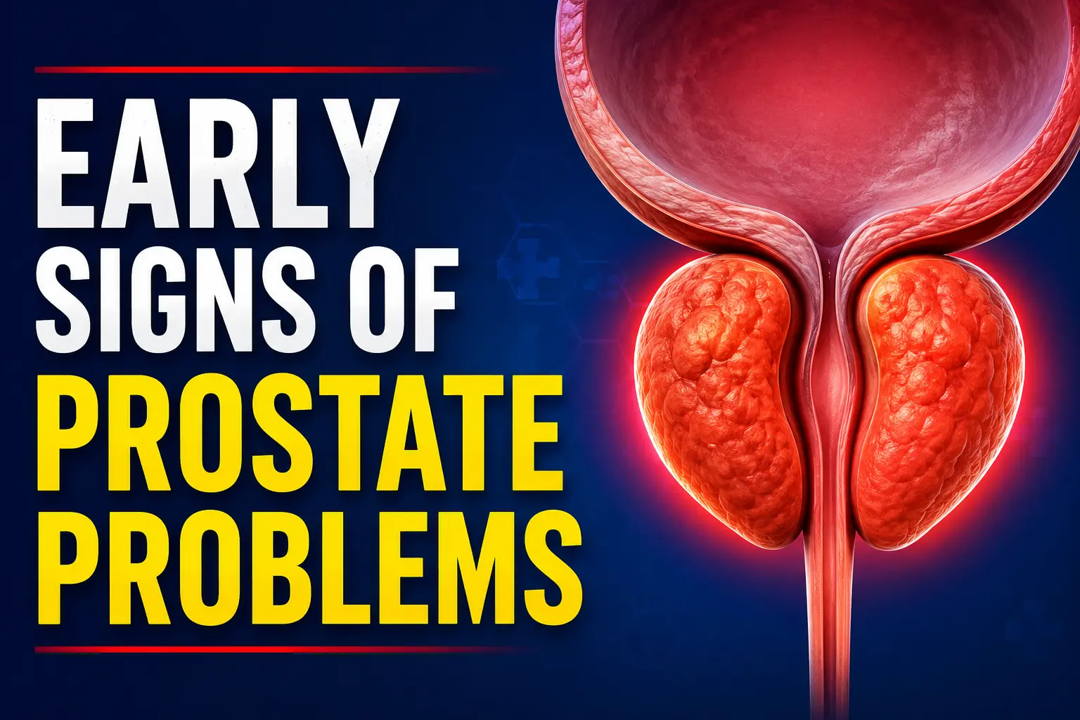 Early signs of prostate problems medical illustration showing enlarged and inflamed prostate with bladder on a dark blue background infographic style