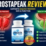 ProstaPeak Reviews thumbnail showing enlarged prostate vs healthy prostate comparison with ProstaPeak supplement bottles and 180-day money-back guarantee badge.