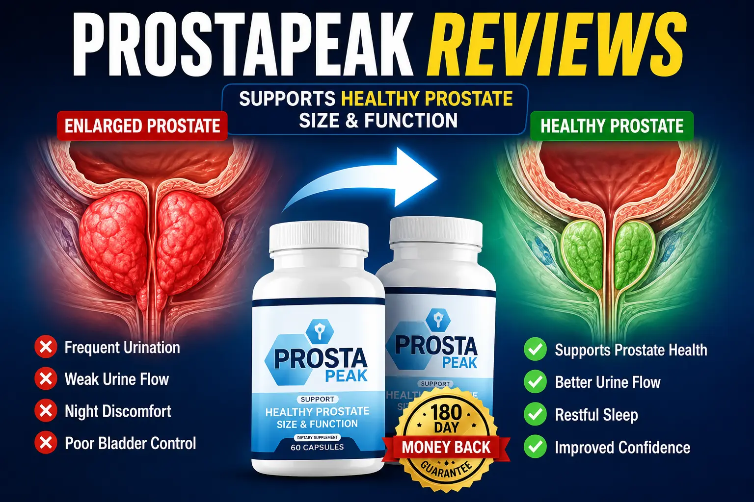 ProstaPeak Reviews thumbnail showing enlarged prostate vs healthy prostate comparison with ProstaPeak supplement bottles and 180-day money-back guarantee badge.