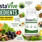 ProstaVive ingredients infographic showing Saw Palmetto, Pumpkin Seed, Pygeum Africanum, Beta-Sitosterol, Nettle Root, Lycopene, Zinc, and Vitamin D3 for prostate health support.