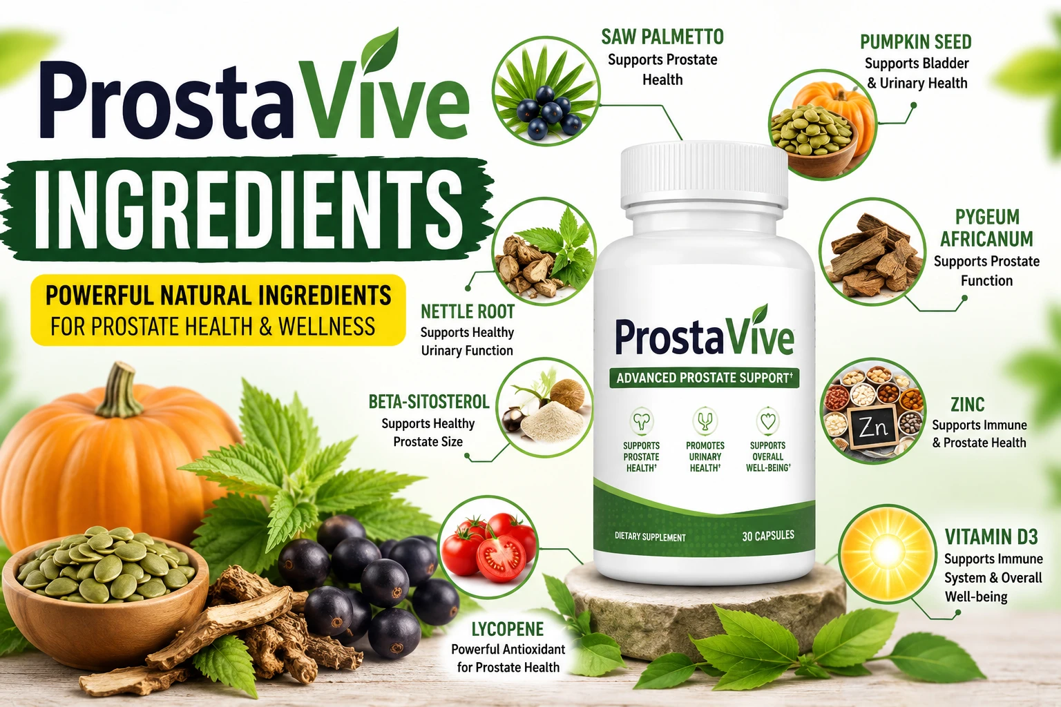 ProstaVive ingredients infographic showing Saw Palmetto, Pumpkin Seed, Pygeum Africanum, Beta-Sitosterol, Nettle Root, Lycopene, Zinc, and Vitamin D3 for prostate health support.
