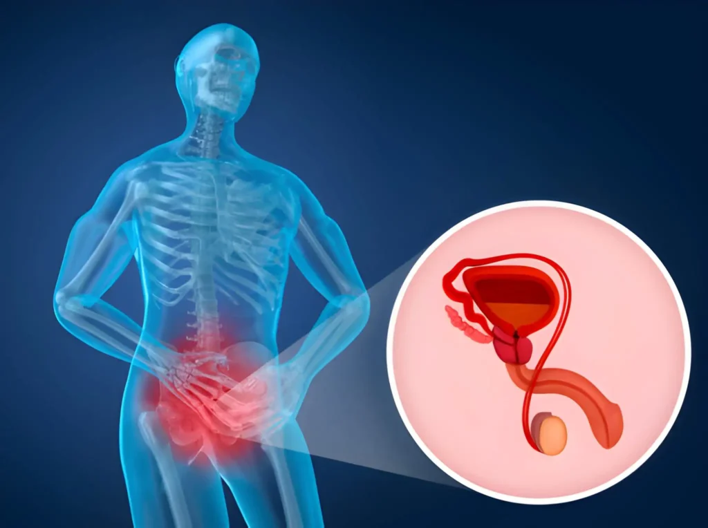 Educational diagram showing the prostate gland located below the bladder and surrounding the urethra. The prostate is chestnut-sized, and the image labels the bladder, prostate, urethra, and rectum to explain its position in the male reproductive system.