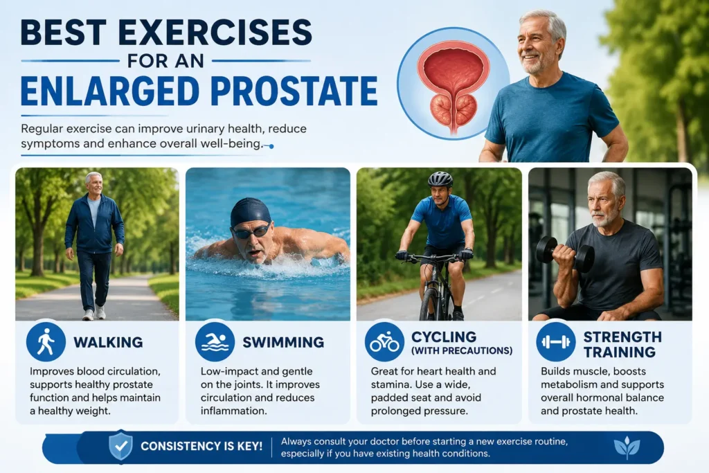 Infographic showing the best exercises for an enlarged prostate, including walking, swimming, cycling with precautions, and strength training to support prostate and urinary health.