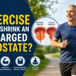 A healthy middle-aged man jogging outdoors next to a medical illustration comparing a healthy prostate and an enlarged prostate, explaining how regular exercise supports prostate health.