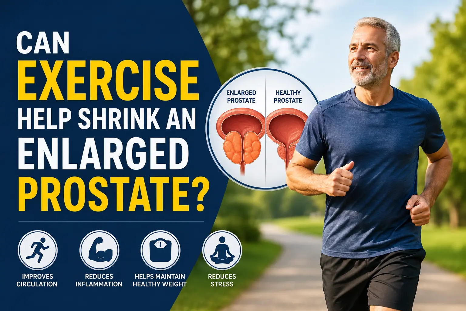 A healthy middle-aged man jogging outdoors next to a medical illustration comparing a healthy prostate and an enlarged prostate, explaining how regular exercise supports prostate health.